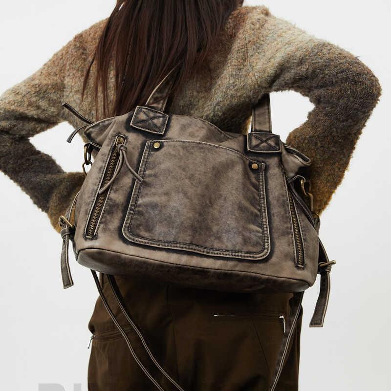 French Maillard Vintage Washed Spice Girl Locomotive Bag Large Capacity Wasteland Wind Shoulder Bag