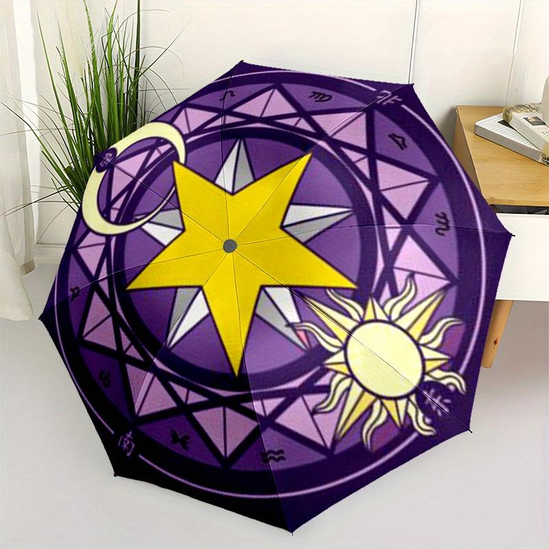 Golden Star Moon Sun Symbol Circular Design Sticker DecalUmbrella, Portable 3-Fold Compact Umbrella for Men & Women Gift
