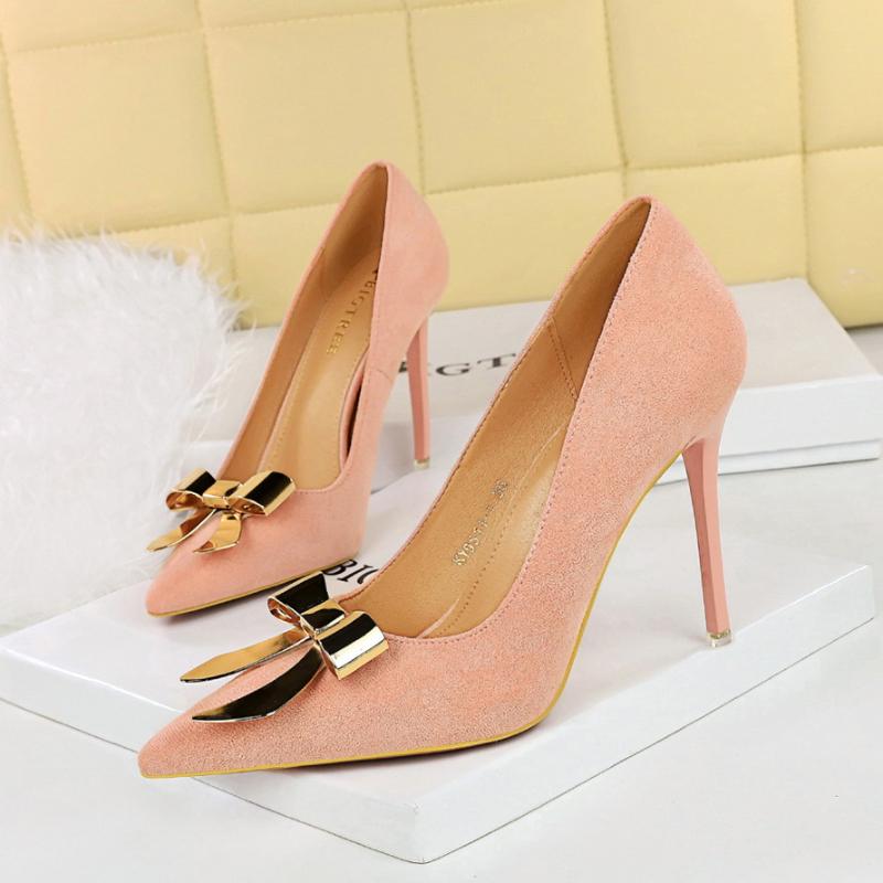 European American Style Banquet High Heels Thin Heels Shallow Mouth Pointed Toe Suede Bow Metal Buckle High Heels Single Shoes