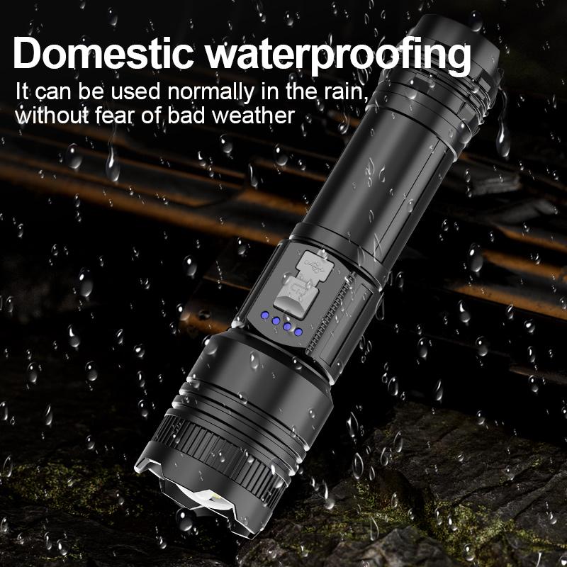 Strong and ultra bright long-range flashlight with adjustable zoom and multiple levels of focus, floodlight, and long-range lase