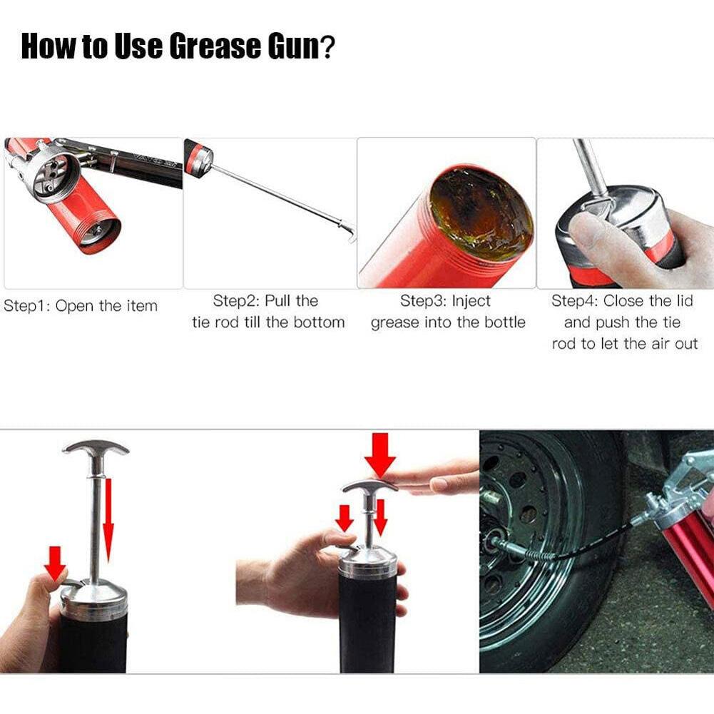 400CC Pneumatic Grease Gun 6000PSI Heavy Duty Air Compressor Grease Gun Flexible Hose Portable Grease Gun 1 Bent Metal Pipe