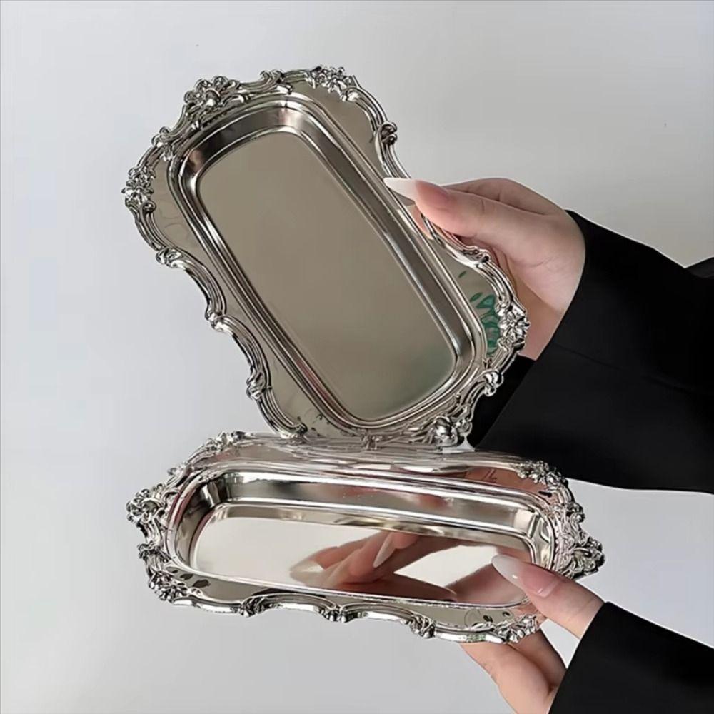 European Style Vintage Embossed Tray Gold/Silver Jewelry Decoration Plate Cafe Cake Dish