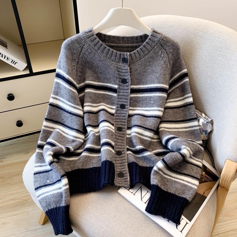 2026 Korean Mori-kei Academic Striped Knit Round Neck Cardigan