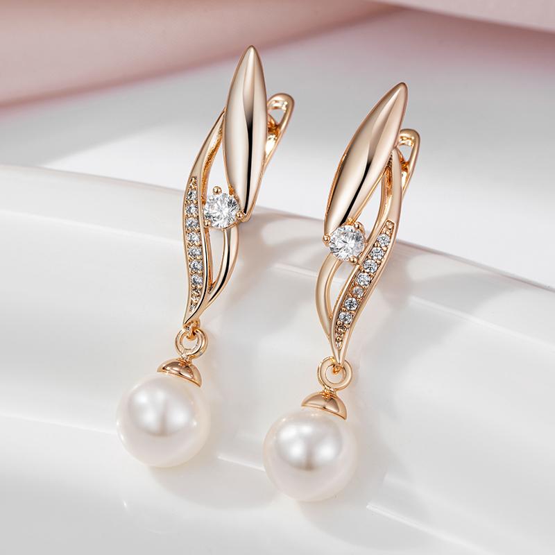 Kinel Shiny Zircon Pearl Dangle Earrings For Women Rose Gold Color Elegant Jewelry