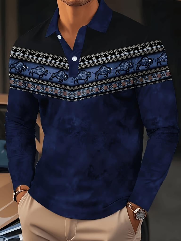 Lightweight Breathable Fashion Long Sleeve Polo Shirt with Stylish Geometric Pattern.