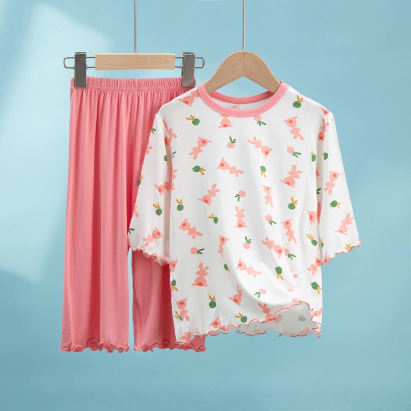 Girls' Modal Summer Pajama Set: Lightweight, Seven-Sleeve Baby Lounge Wear for Air Conditioning.