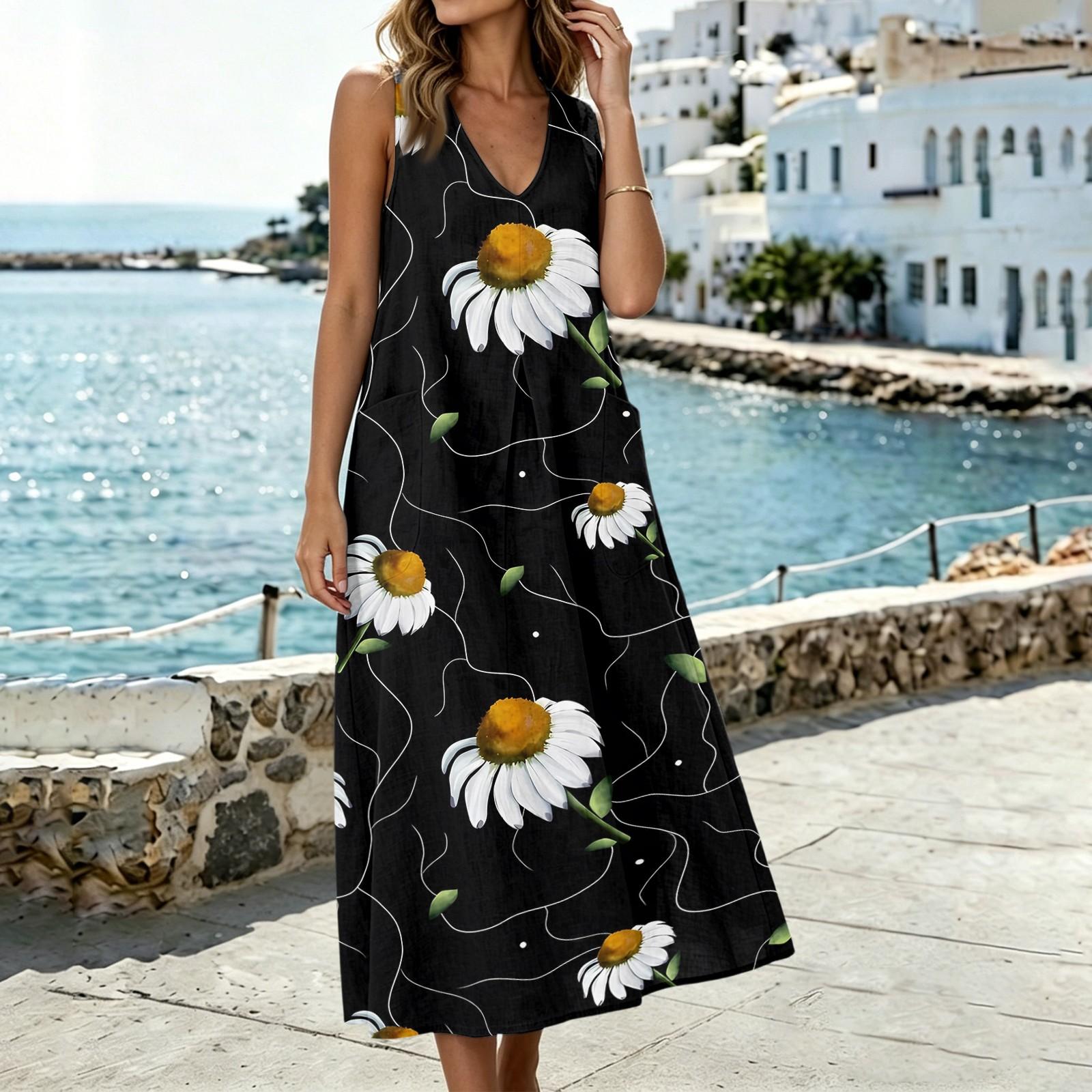 

Fashionable Women s U-neck Sleeveless Pocket Slit Vest Cotton Linen Dress XL чорний