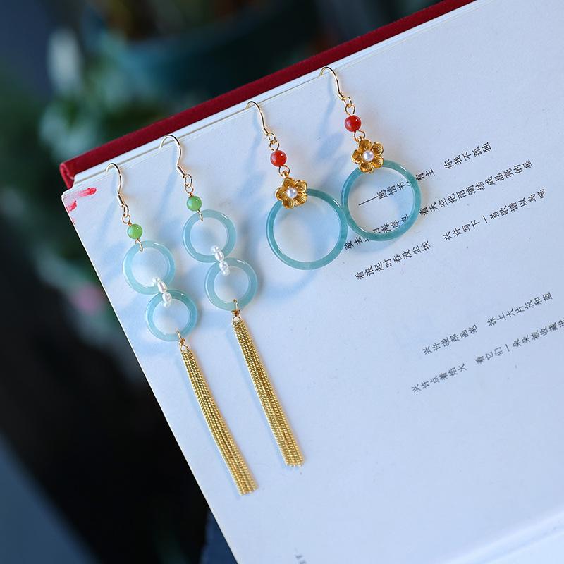 Retro Jade Hoop Earrings with Blue Water Tassels - 925 Sterling Silver Studs