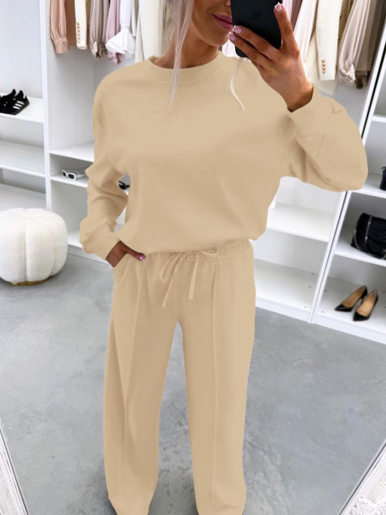 2026 Autumn/Winter European & American Style Casual Two-Piece Set: Drop Shoulder Long Sleeve Top & Ruched Long Pants