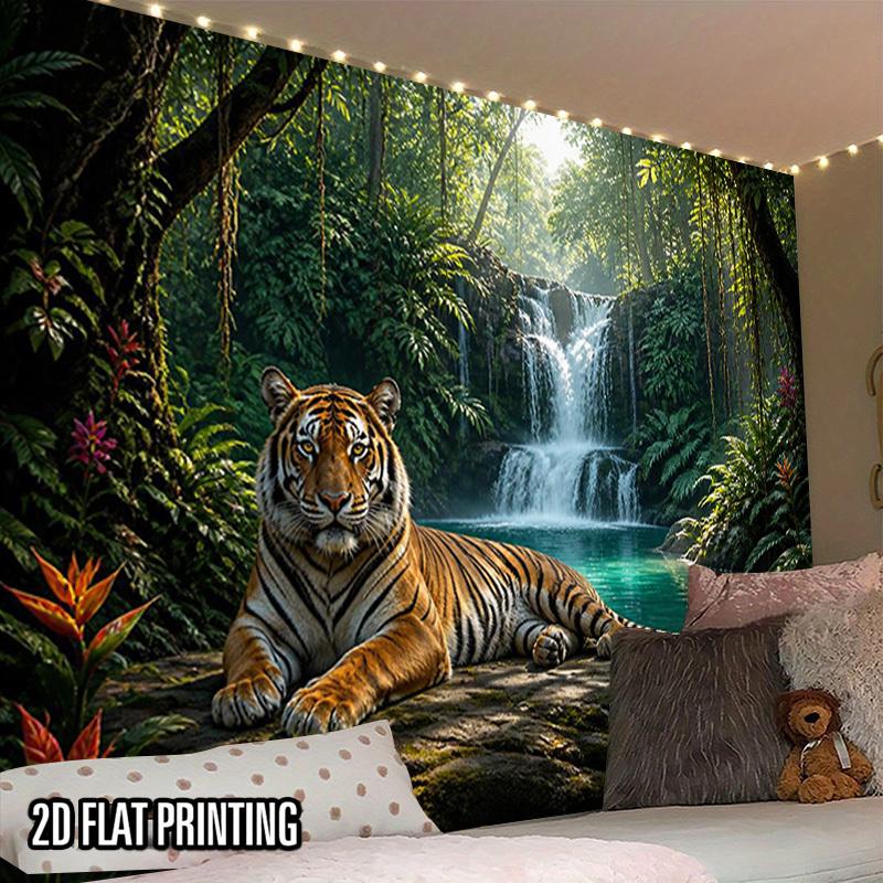 2D Flat, 1pc Wild Tiger Jungle Tapestry Wall Hanging - Horizontal Tiger by Waterfall Jungle Art Print, Fabric Suitable for, Bedroom,, Party Backdrop,