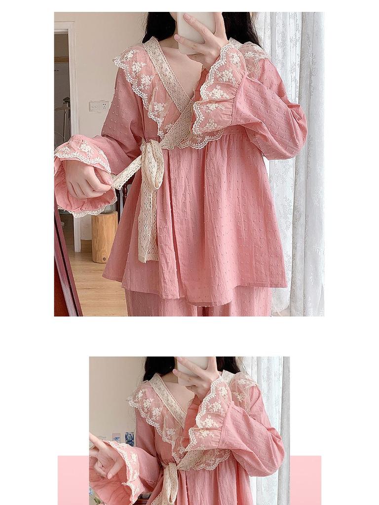 Women's Autumn Princess Style Long Sleeve Pajama Set - Sweet Retro Kimono Design