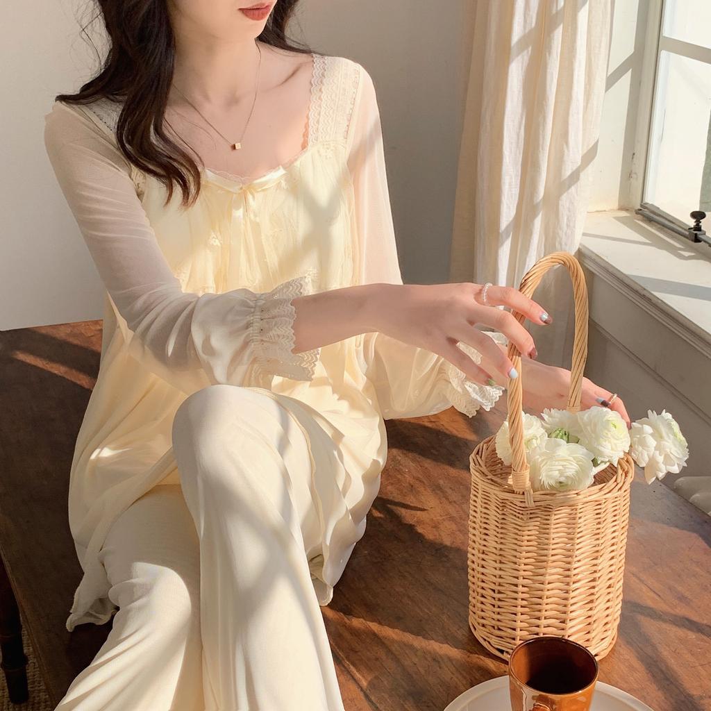 V-neck Summer Pajamas for Women Pajama Women Spring and Autumn Long Sleeve Modal Lace Mesh Sweet Princess Style Home Dress Set