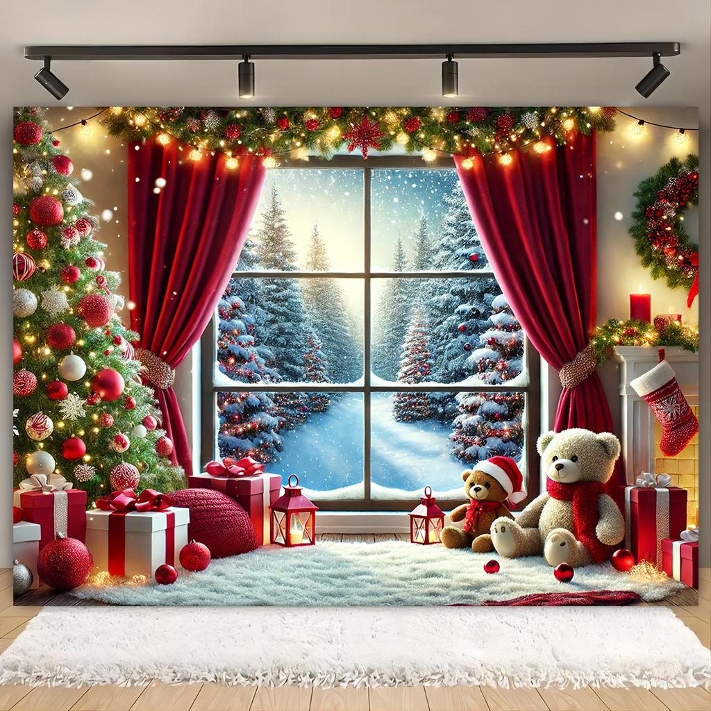1pcs Winter Wonderland Christmas Background Cloth Featuring Trees Gifts and Snowflakes Suitable for Halloween