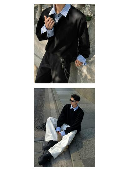 Men's Spring/Autumn Color Block Hoodie with Shirt Collar - Long Sleeve Patchwork Polo Jacket