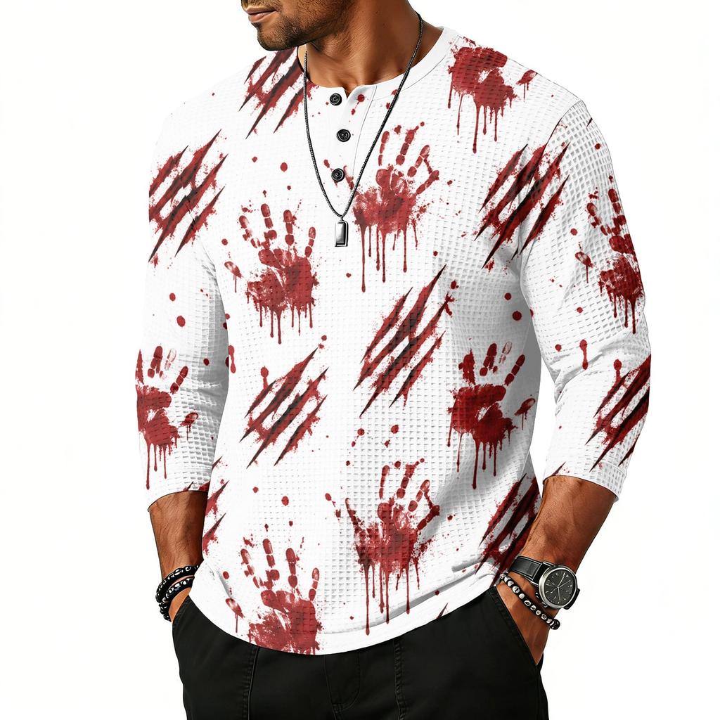 Men Casual Halloween Print Crew Neck Raglan Three Quarter Sleeve Shirt Lightweight Breathable Top for Everyday Wear