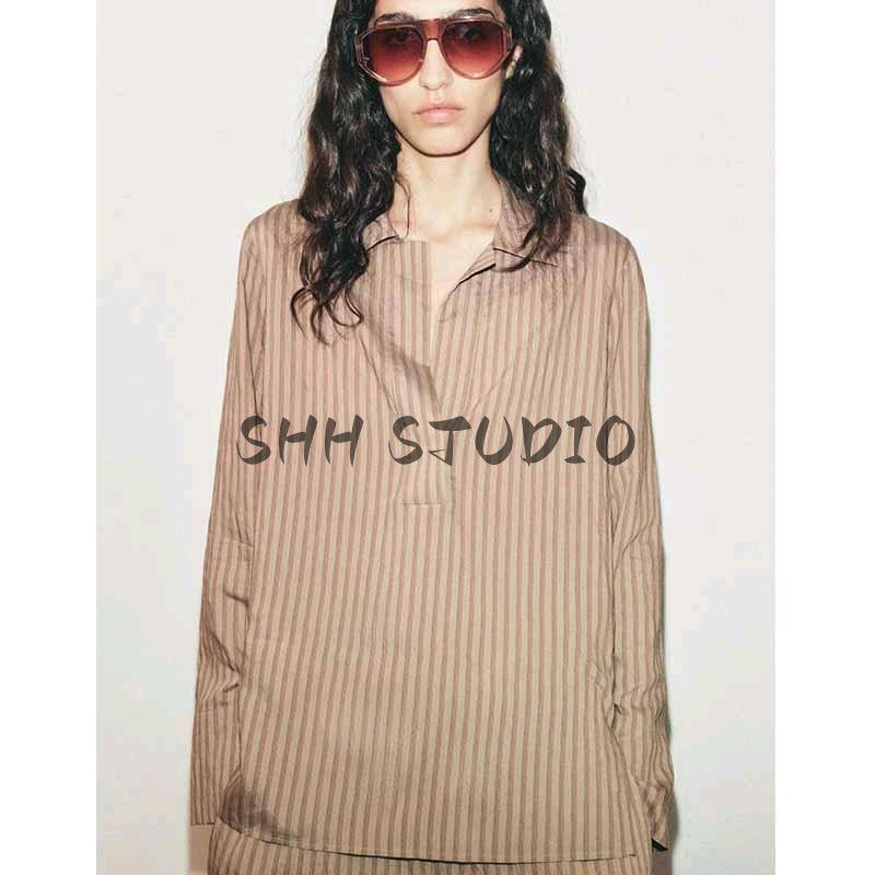 Spring New Women Clothes Stripe Long Sleeve Lapel Shirts 9479265 Stripe Pajamas Style Pants 9479264