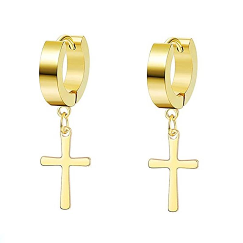 WKOUD 2PCS Stainless Steel No Piercing Cross For Men Kpop Clip On Cross Earring Gothic Punk Fake Ear Cuff Cross Earring Dangle