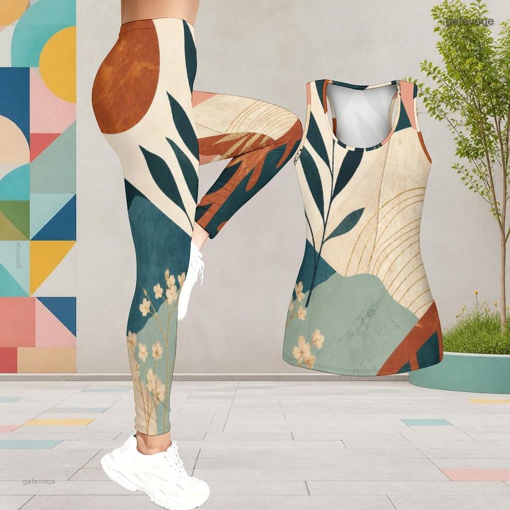 Women Plus Size Two Piece Set Scoop Neck Sleeveless Tank Top White Blue Green Printed Fitted Pants