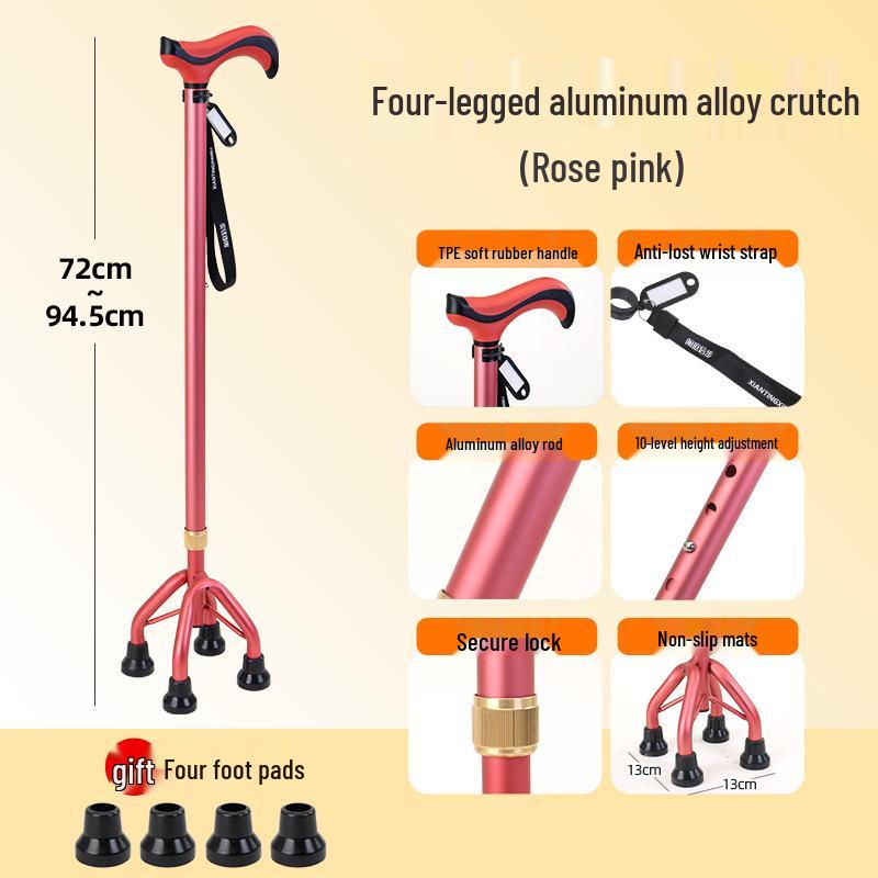 Lightweight Aluminum Alloy Four-Legged Cane with Soft Grip for Seniors - Anti-Slip, Adjustable Walking Stick.