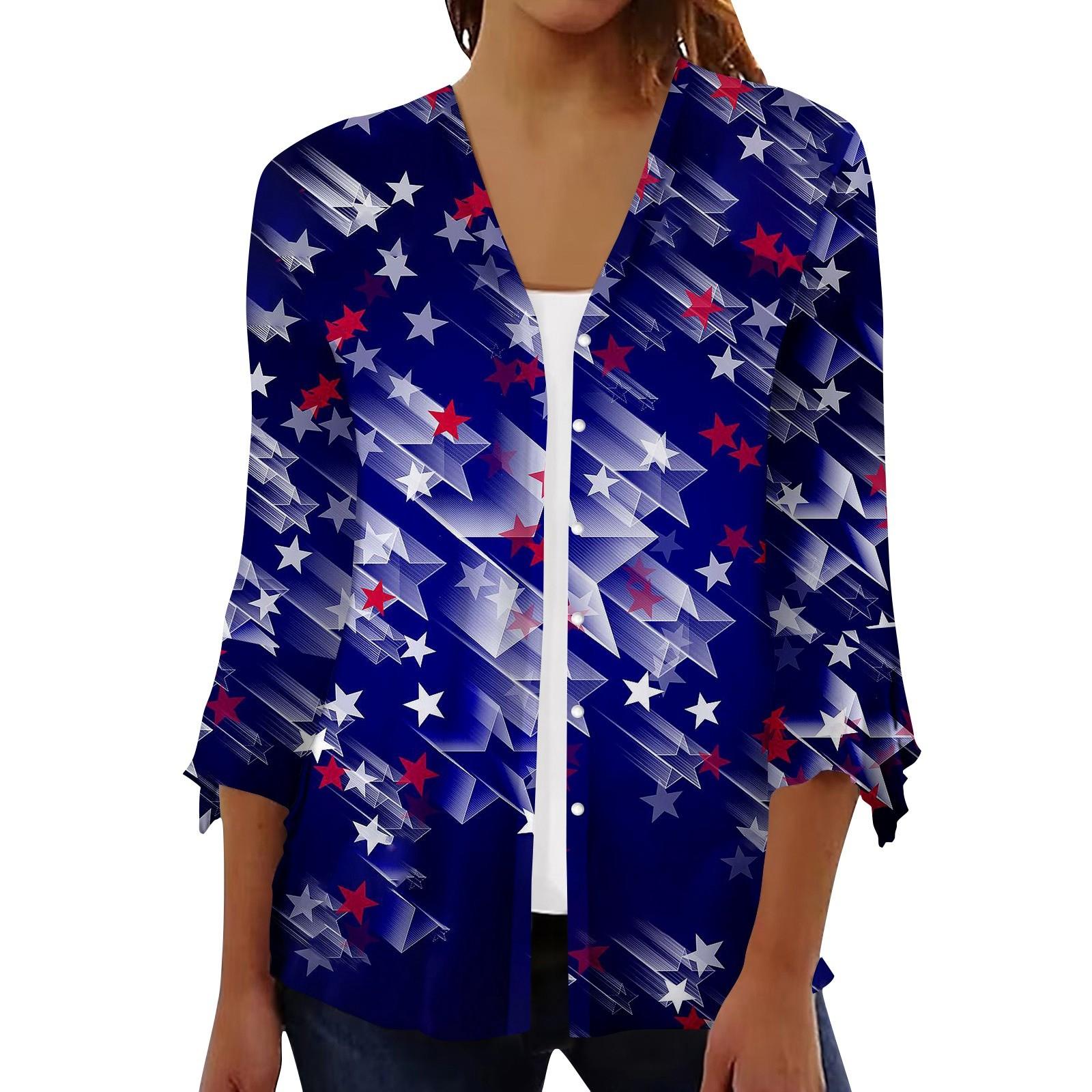 

Женская свободная повседневная рубашка-кардиган с принтом на День независимости и семью рукавами XXXL