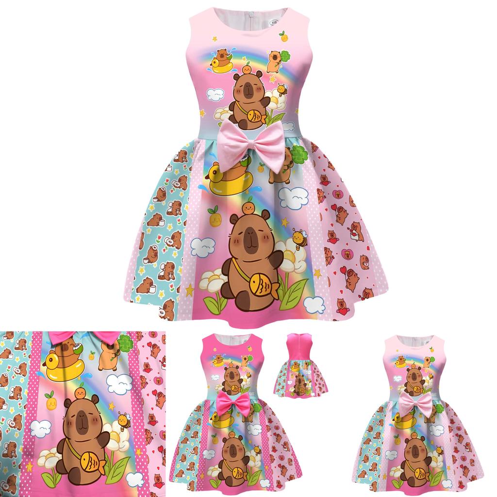 Vestito Ragazza Capibara con Fiocco a Farfalla per Festa Primavera Autunno Bambini