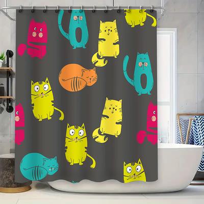 Animal Print Shower Curtain Cartoon Cats Design For Bathroom Decor Non-Toxic Eco-Friendly Fabric (Blue) [150Cm X 240Cm]