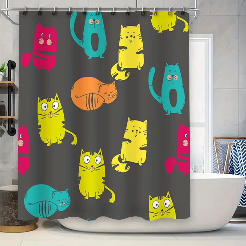 

Занавеска для душа с принтом животных, мультяшный дизайн с кошками для декора ванной комнаты, нетоксичная экологически чистая ткань (синий) [150 см X 240 см] 90x180cm