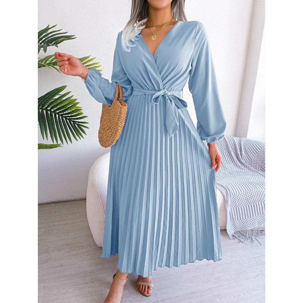 Spring and Summer Temperament Cross V-neck Big Swing Pleated Long Dress Ladies Loose Versatile New Dresses