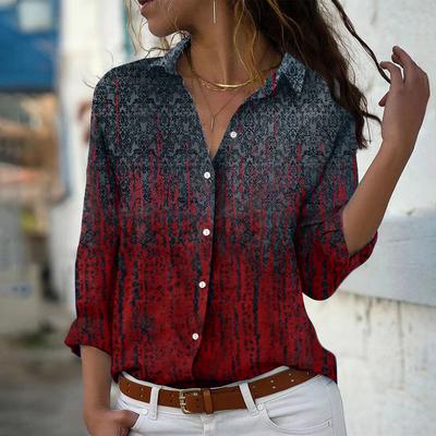 Retro Pattern Print Women Blouse Spring Autumn Femme Office Lady Button Up Turn Down Collar Shirts