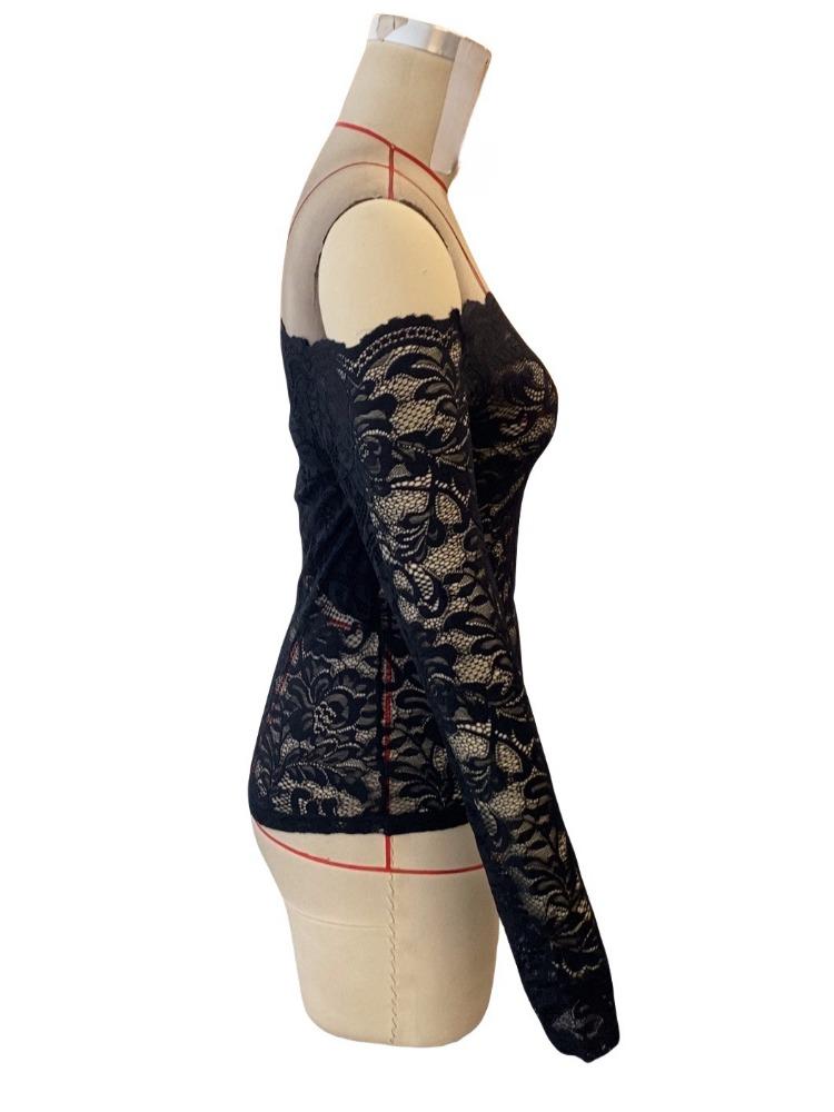 Elegant Scalloped Collar Edge One-Layer Collar Strapless Lace Slim Slim T-Shirt Long Sleeve Tops Versatile Closet Essential Fashion Items Shirt