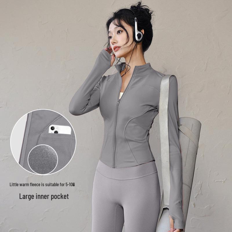 Damen Frühlings-Yoga-Bekleidung 2026: Dünne Fleece-Sportjacke mit Stehkragen, Reißverschluss, enganliegend für Laufen & Fitness.