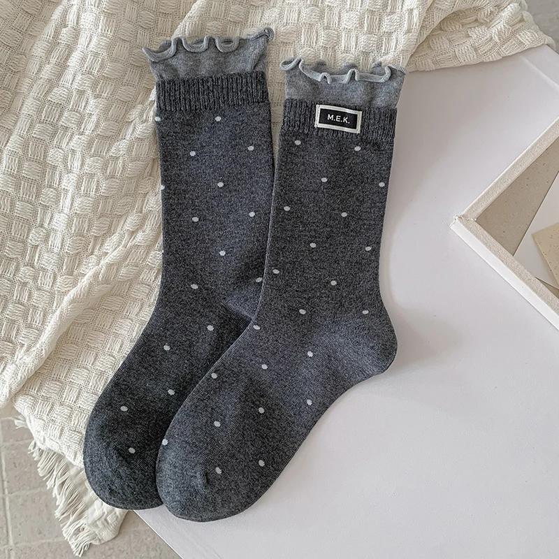 Womens Polka Dot Mid Crew Socks Ballet Style Delicate Lace Edging and Ruffle Trim Fashion Woven Label Simple Design Socks