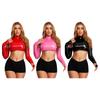 Womens Glossy PU Cropped Top Cold Shoulder Long Sleeve Hollow Out Mock Neck Pullover
