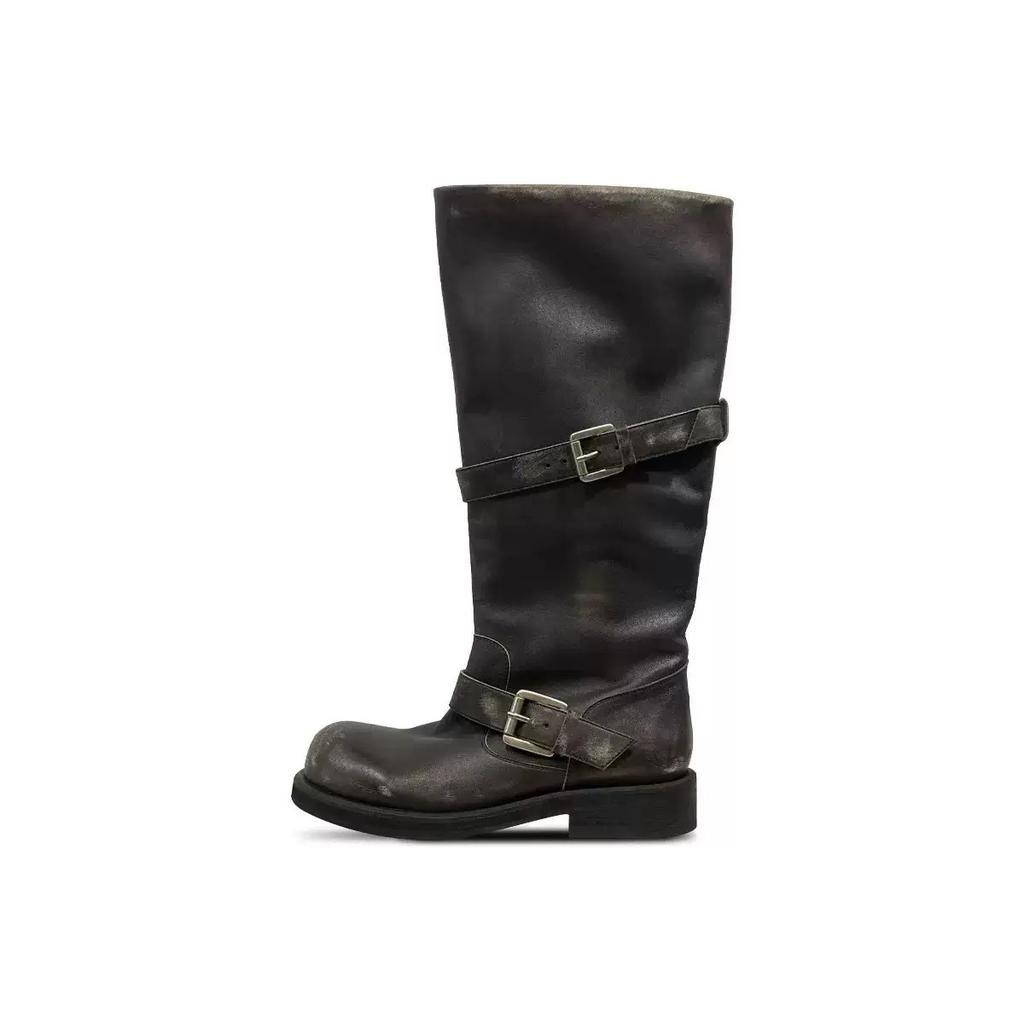 Cowhide Version~ Genuine Leather Boots Thick-soled Round Head Retro Belt Buckle Long Boots Women's Autumn and Winter Medium and High Boots