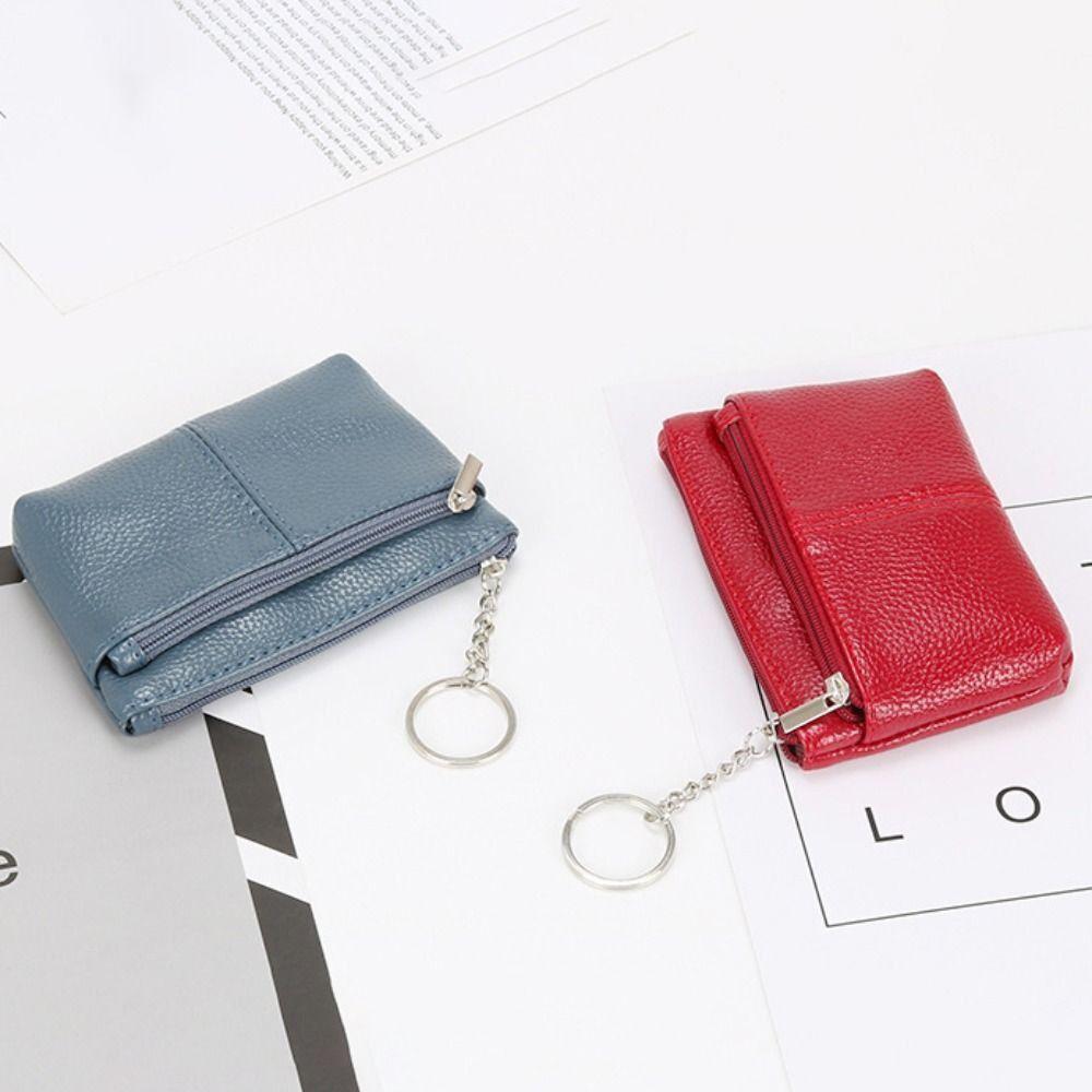 Portable PU Leather Coin Purse Mini Zipper Leather Purses with Keychain Solid Color ID Credit Card Holder