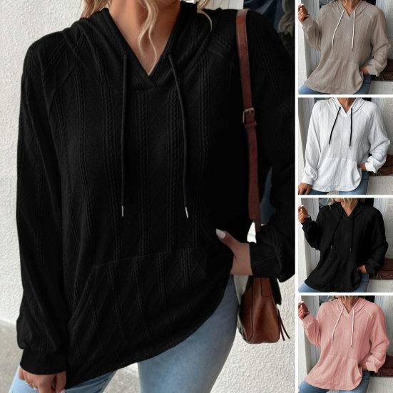 

Женская осенне-весенняя толстовка с капюшоном на шнурке и накладным карманом, свободный однотонный пуловер с длинными рукавами, свободный повседневный женский топ средней длины