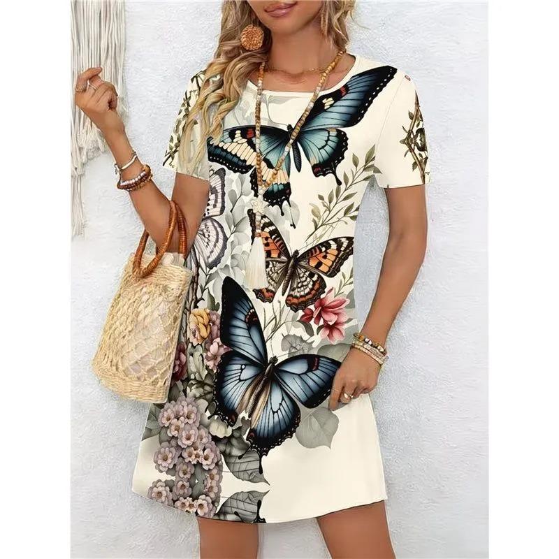 Summer Ladies 3D Printed Short Sleeve Dress Fashion Versatile Trend Breathable Casual
