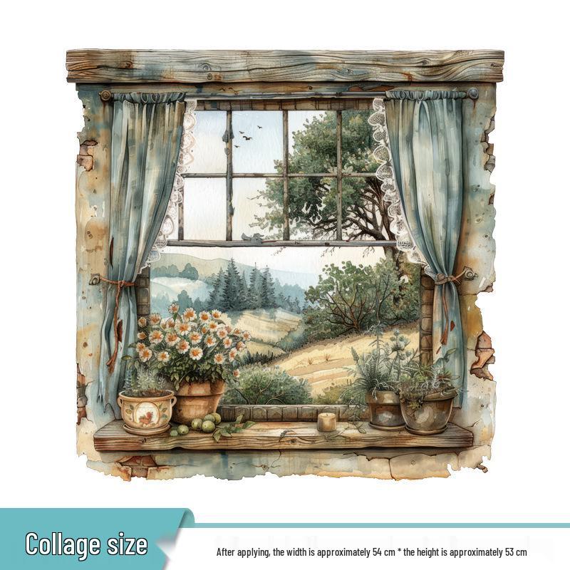 Forest-style Bedroom Sofa Wall Stickers: Window, Plants, Flowers, Cat Mural Decoration