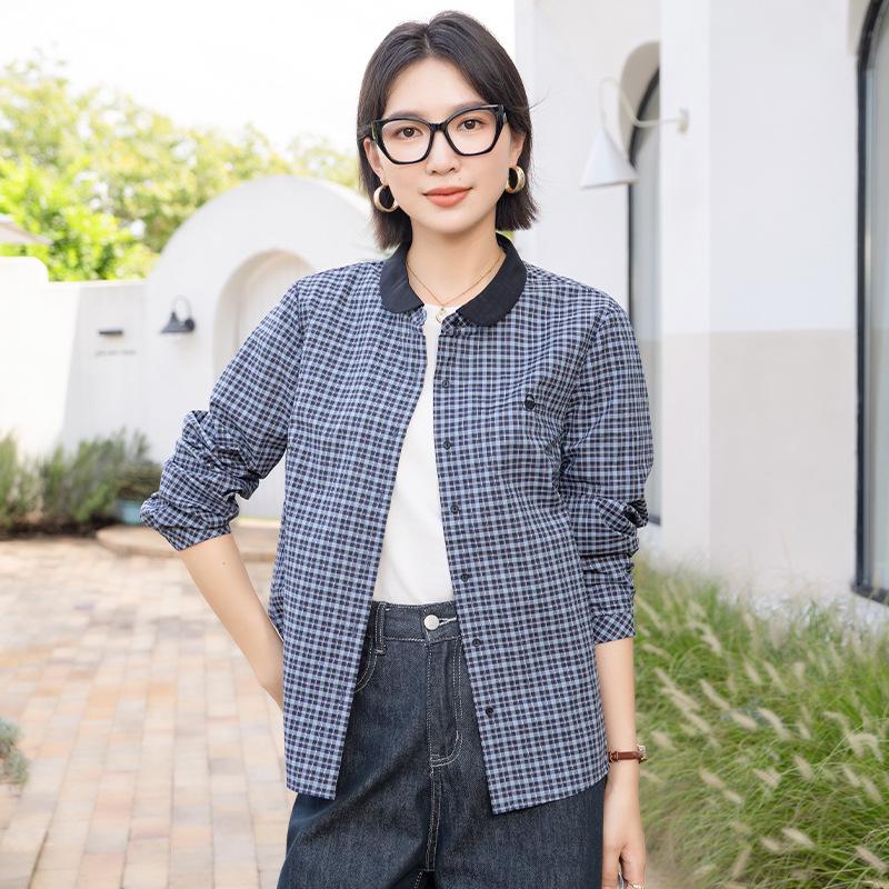 

Женская литературная 2025 Ретро Клетчатая Блок Цвета Хлопковая Куртка-Рубашка с Маленьким Воротником и Длинными Рукавами L (52-60 kg)