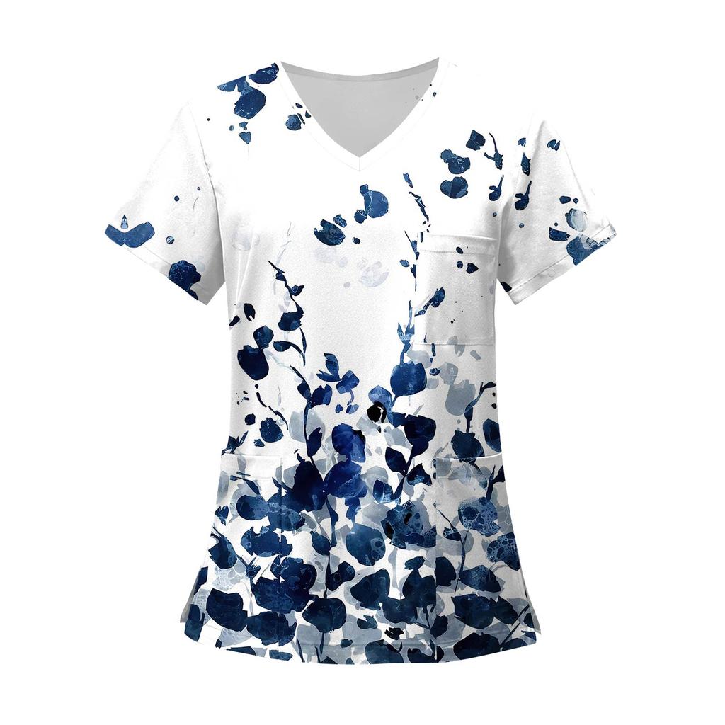 Kvinners mote trykt kortermet V-hals mønster Topper Pocket Working T-skjorter