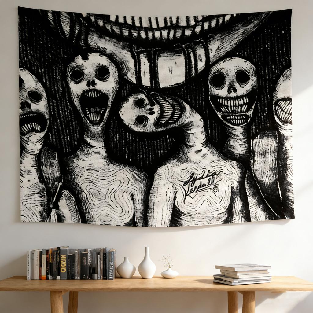 Gothic Elegant Skull Abstract Tapestry Black White Wall Hanging for Home Dorm Decor Creepy Horror Style Gift