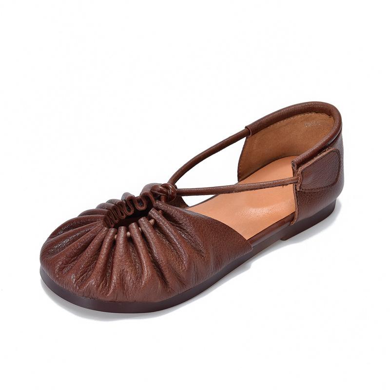 

Johnature Натуральная кожа Круглый носок Мягкая подошва Плоские сандалии Ретро Плиссированные женские туфли 36