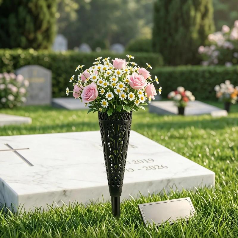 1/2/4 Stück Gedenkfriedhofsvasen mit Erdspieß Grabblumenhalter Outdoor Grabstein Dekoration Künstliche Blumen für Gräber