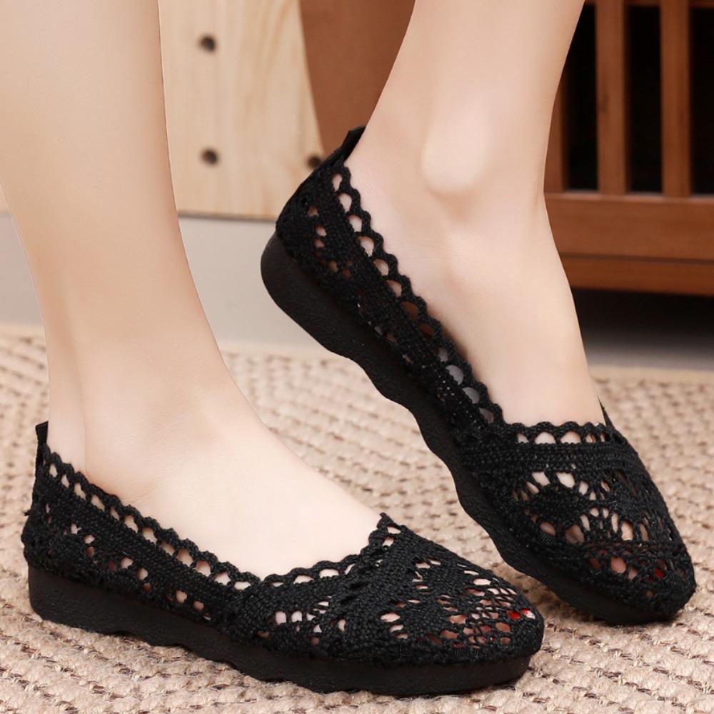 Ladies' Casual Temperament Breathable One Foot Shoes -Women's Mesh Shoes with Mesh Surface, Ethnic Style Cloth Shoes, Hollow Lace Women's Shoes