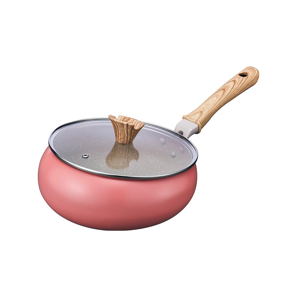 Doshisha Potetto Frying 24cm with Glass Induction and Gas Medium Coral Pink Pan, Lid, Compatible, PFOA-Free, Size, Deep,