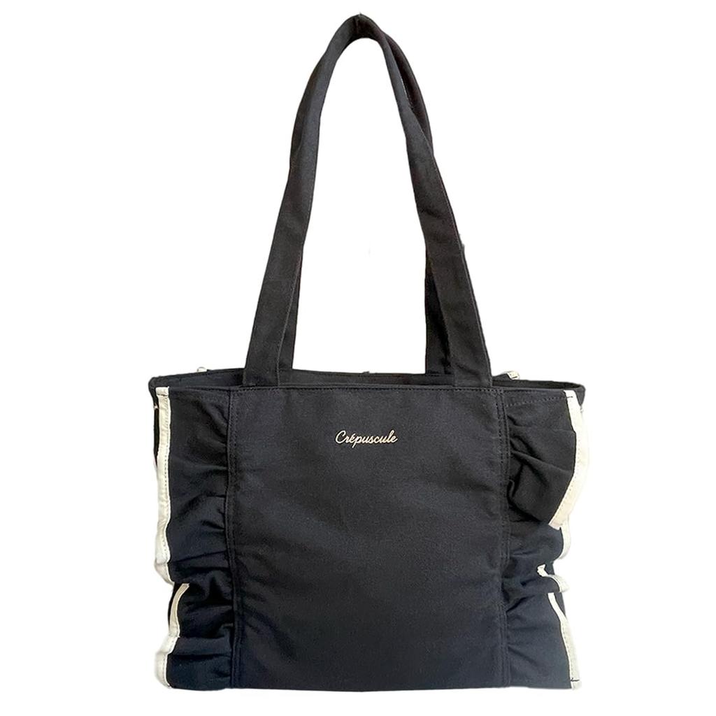 Gisele Large Tote Large Shoulder Bag, Canvas, Capacity, Bag, Ruffled, Women's (Black)