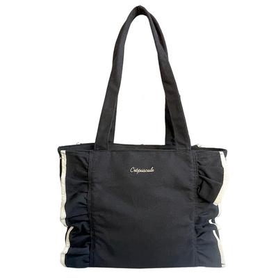 Gisele Large Tote Large Shoulder Bag, Canvas, Capacity, Bag, Ruffled, Women's (Black)