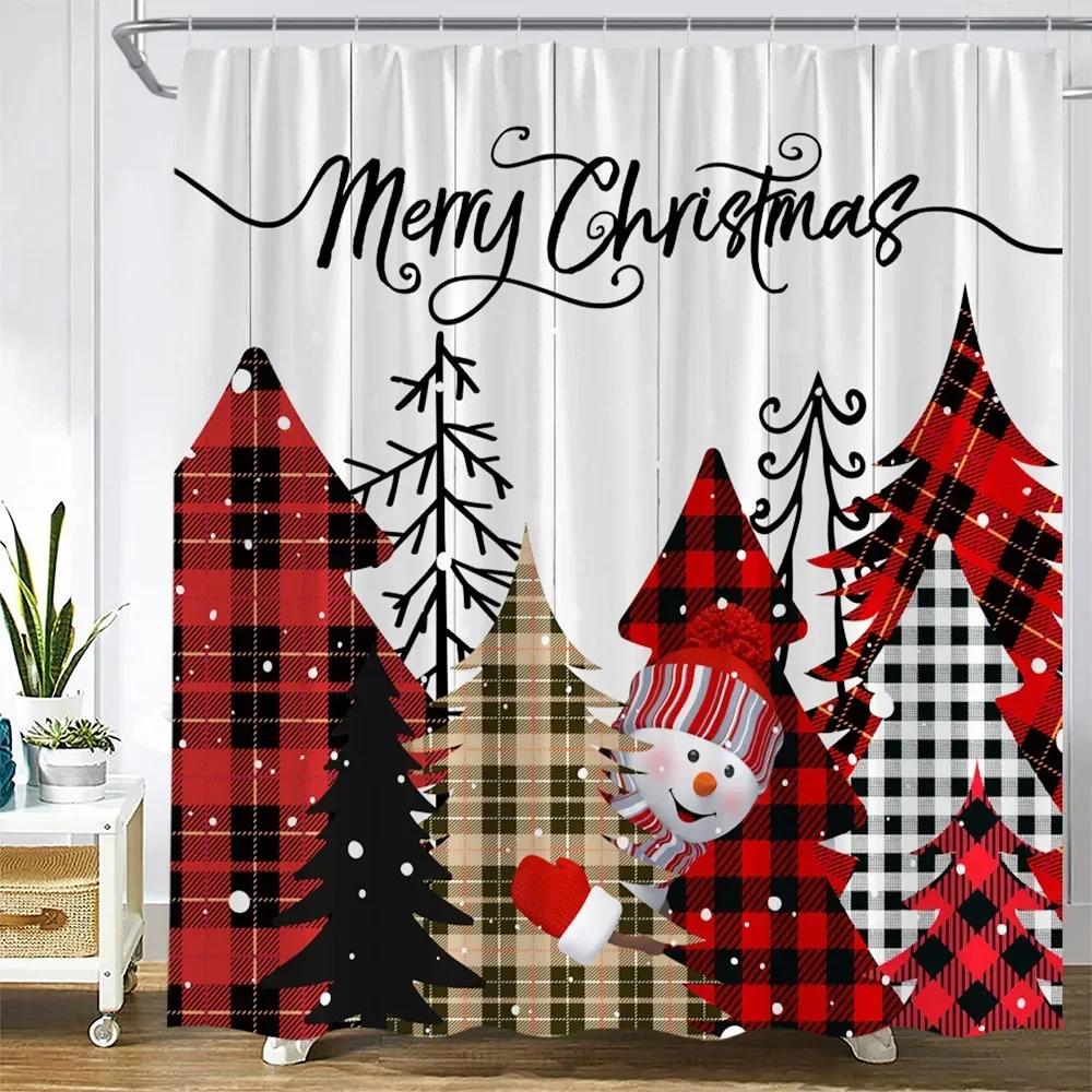 Cute Christmas Snowman Shower Curtains Xmas Tree Balls Green Pine Branches Winter Snow New Year Home Bathroom Decor Set Fabric