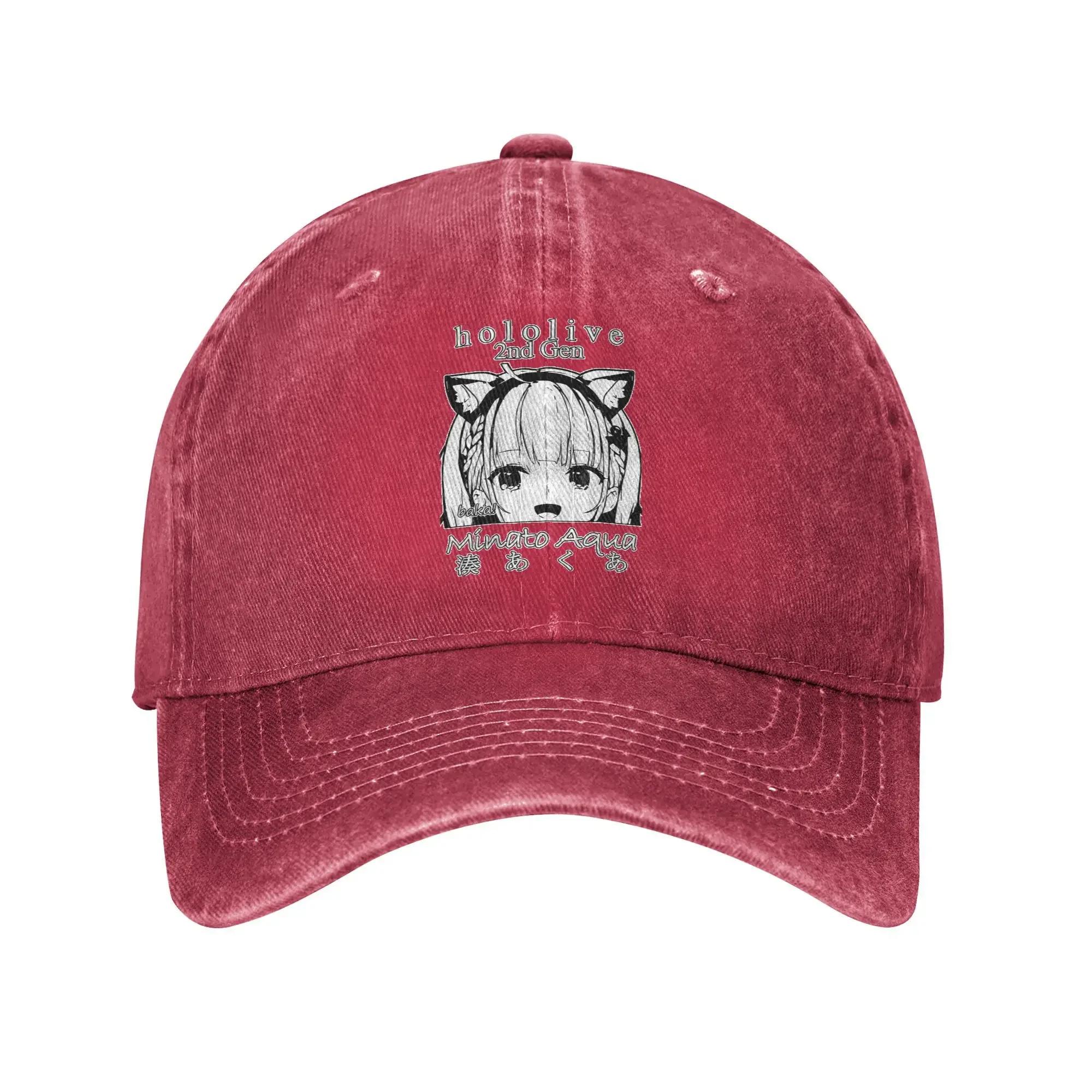 Hololive Minato Aqua nd Gen Unisex Women Baseball Cap Cute Cartoon Distressed Denim Hat Vintage Outdoor Adjustable Snapback Cap Adjustable