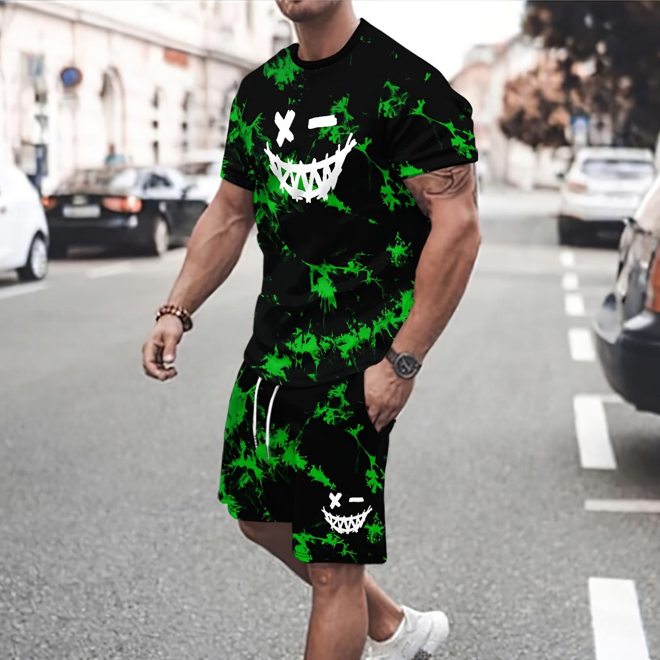 

Fashionable Men s Casual Contrast Color Sports Suit Short Sleeve T-Shirt Beach Shorts Two-piece Set 6XL